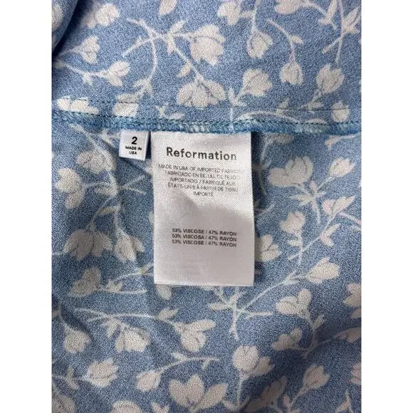 New Reformation Dress 2 Womens Mica Blue Floral Puff Tiered Sleeve Midi - Picture 9 of 9